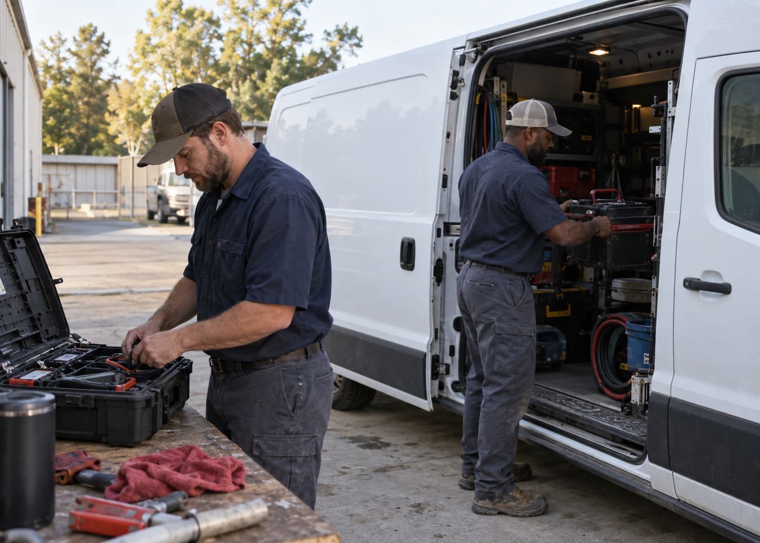Plumbing technicians preparing equipment beside a service van