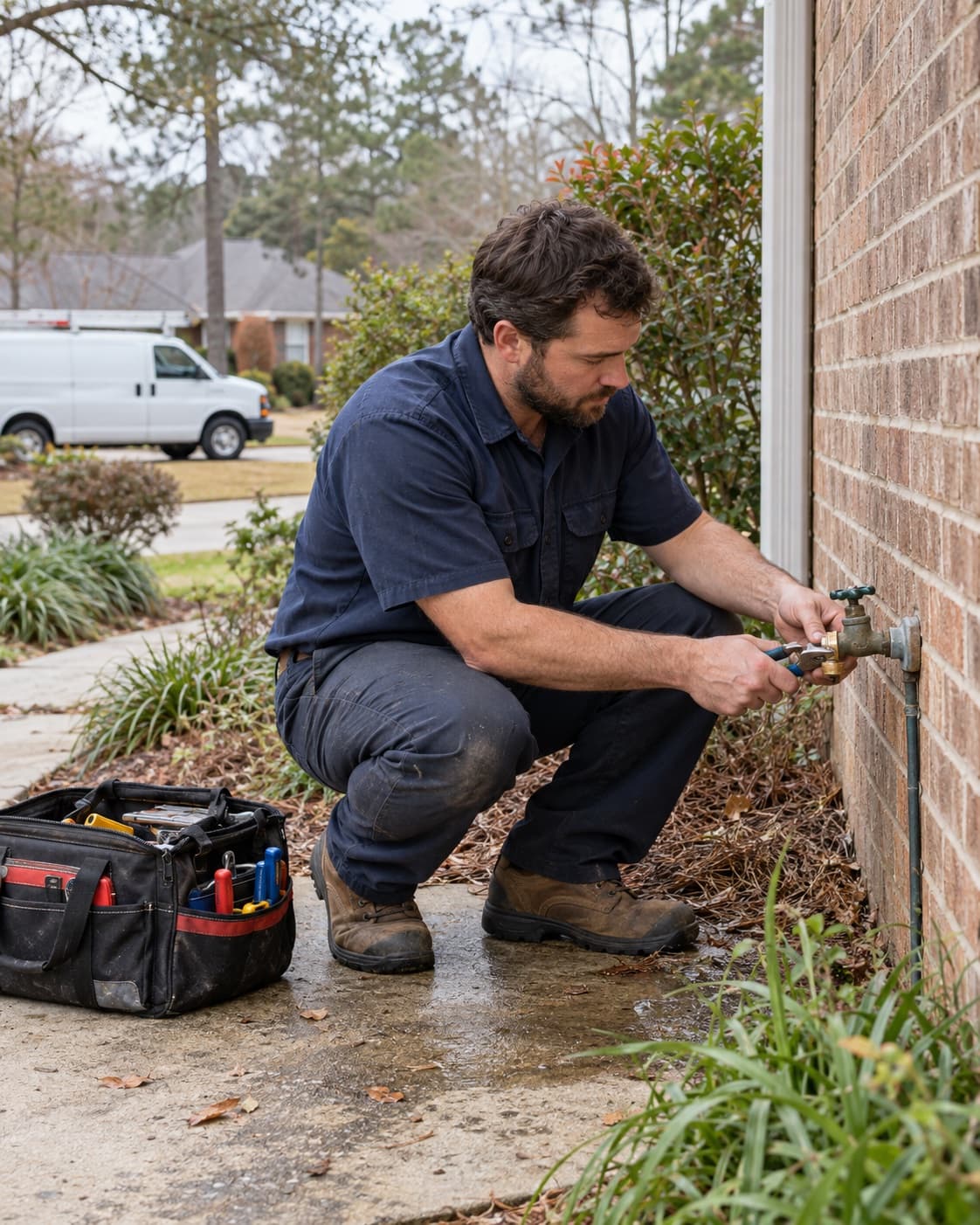 A technician inspecting an outdoor water connection beside a home