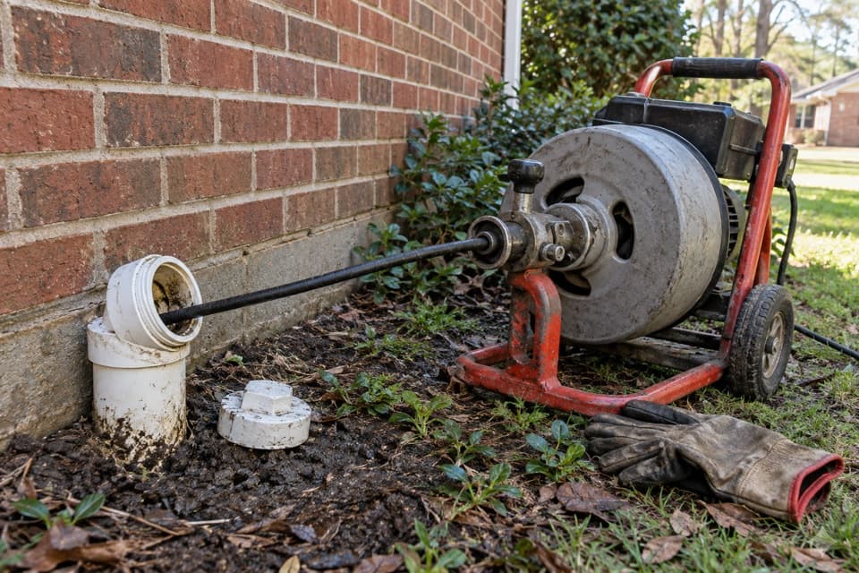 Professional drain cable equipment beside a residential cleanout
