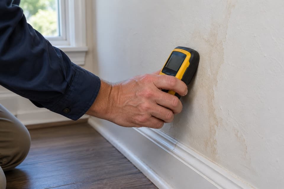Moisture meter checking a wall for signs of a hidden leak