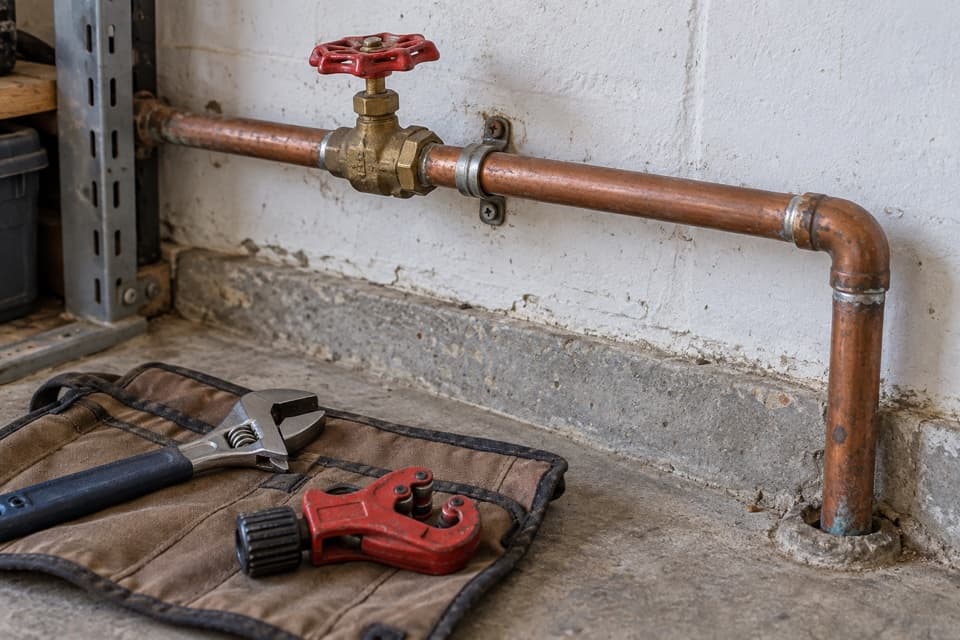 Copper water line, shutoff valve, and pipe repair tools