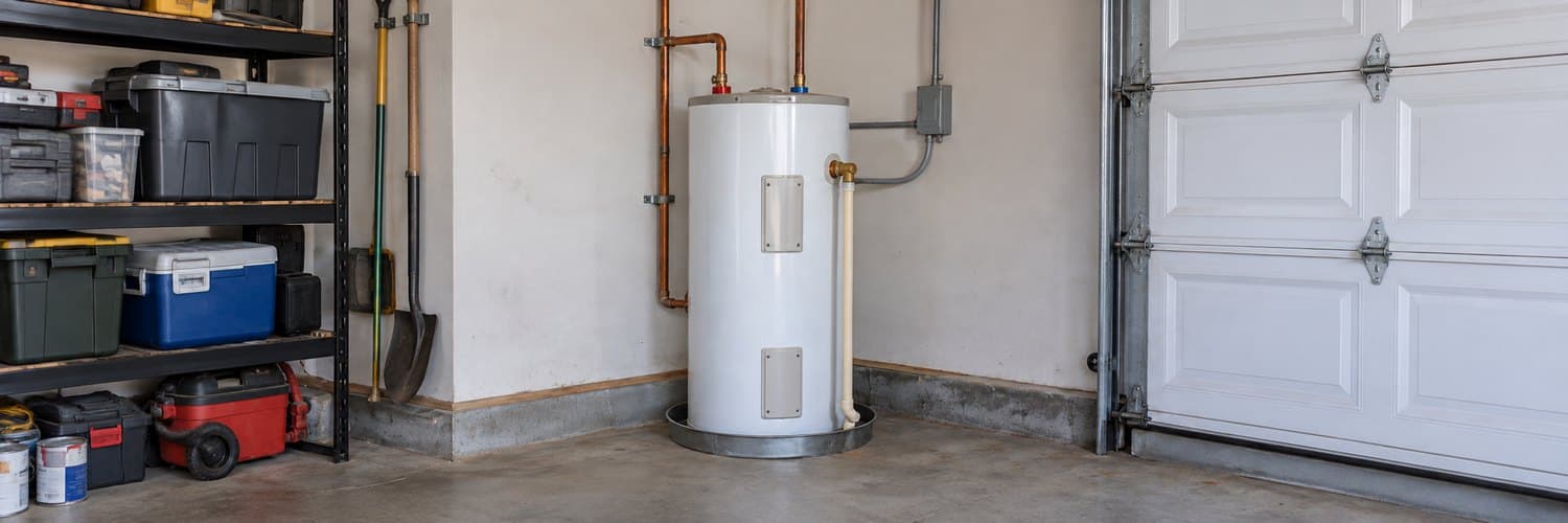 Residential electric water heater in a utility space