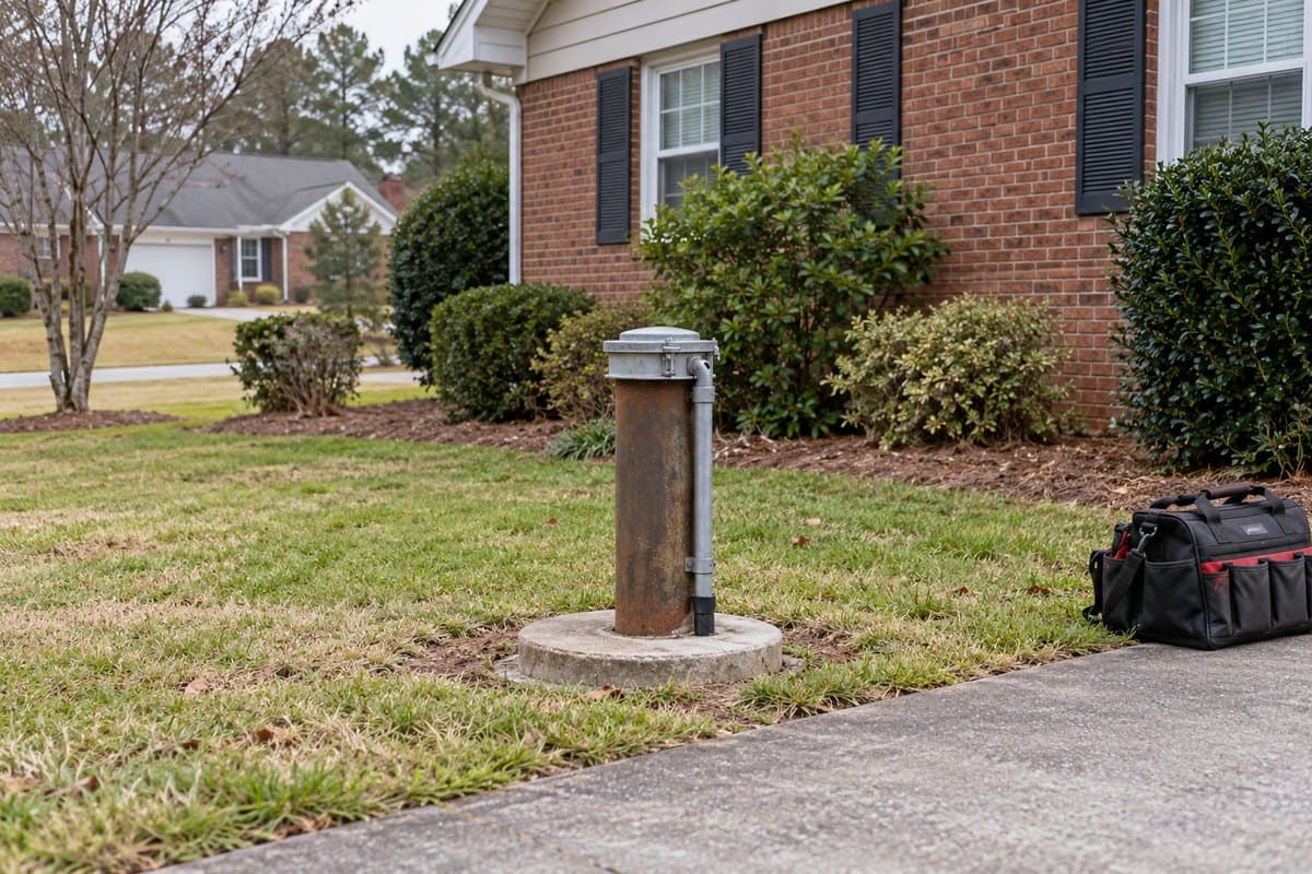 Capped residential well casing beside a suburban home