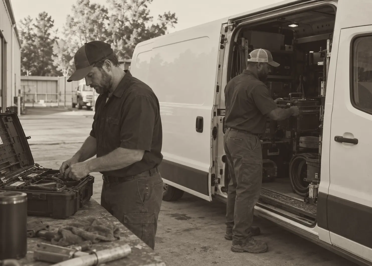 Two plumbing technicians preparing equipment beside a service van