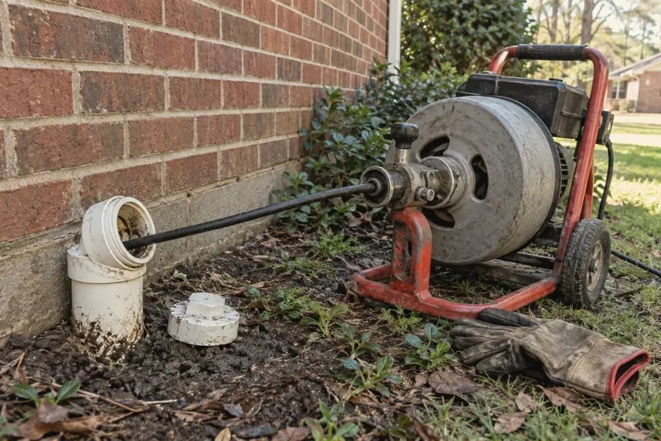 Professional drain cable equipment beside a residential cleanout