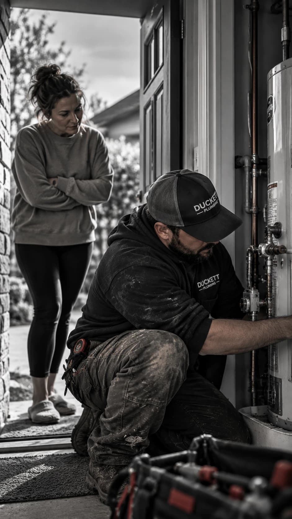 A plumber kneeling to work on a home water heater while the homeowner looks on from the doorway