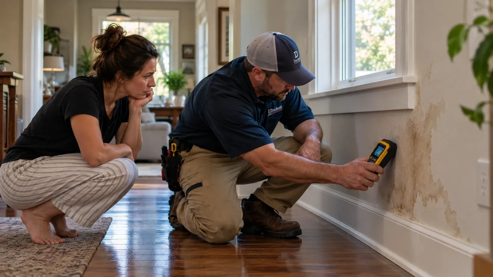 Duckett plumber checking a water-stained wall with a leak detector while the homeowner watches