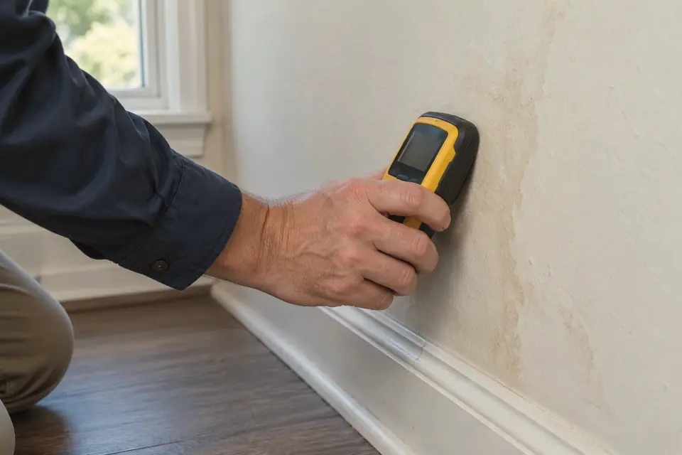 Moisture meter pressed against a water-stained wall above a baseboard