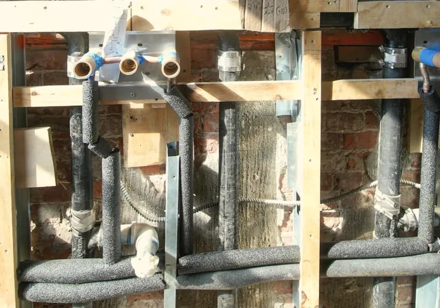 New water supply stubs and drain lines installed inside an open wall