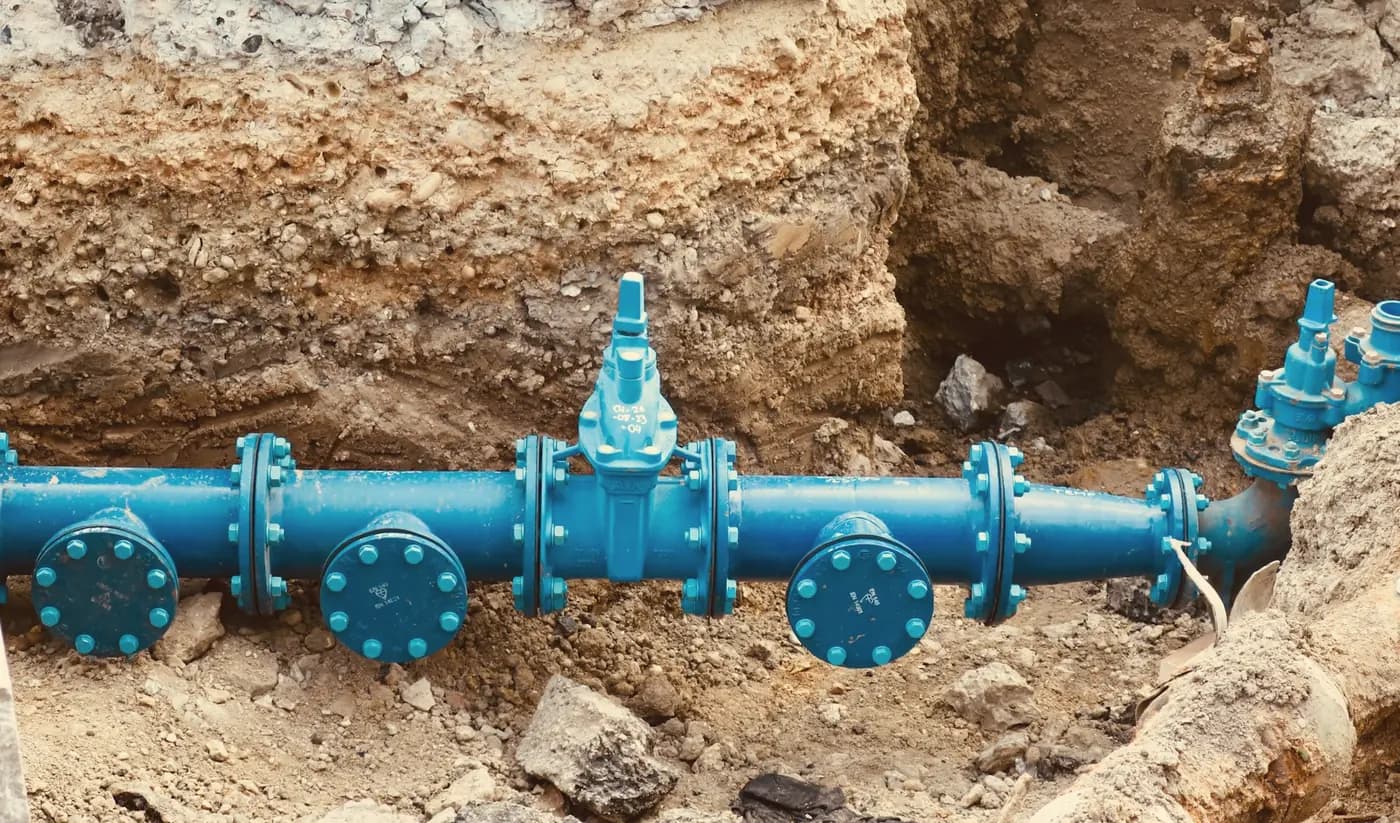 Blue water line and valves exposed in an excavated trench