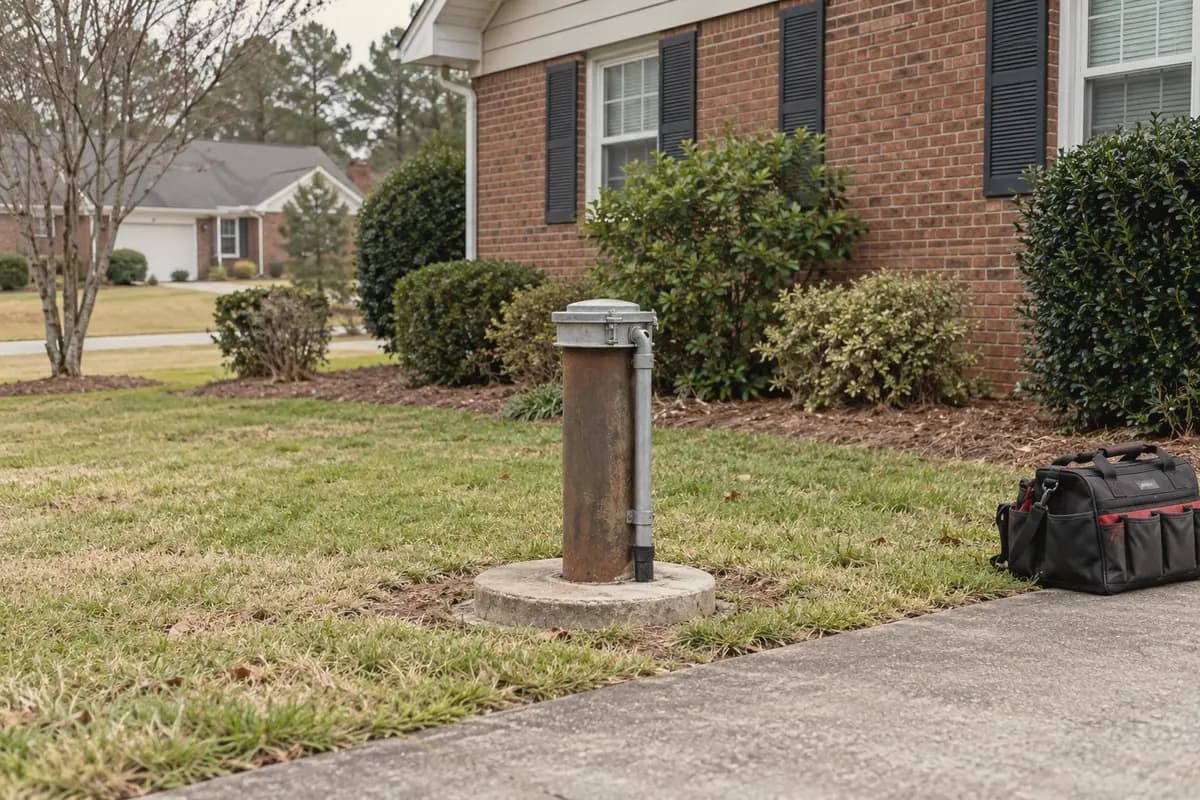 Capped residential well casing in a side yard beside a brick home