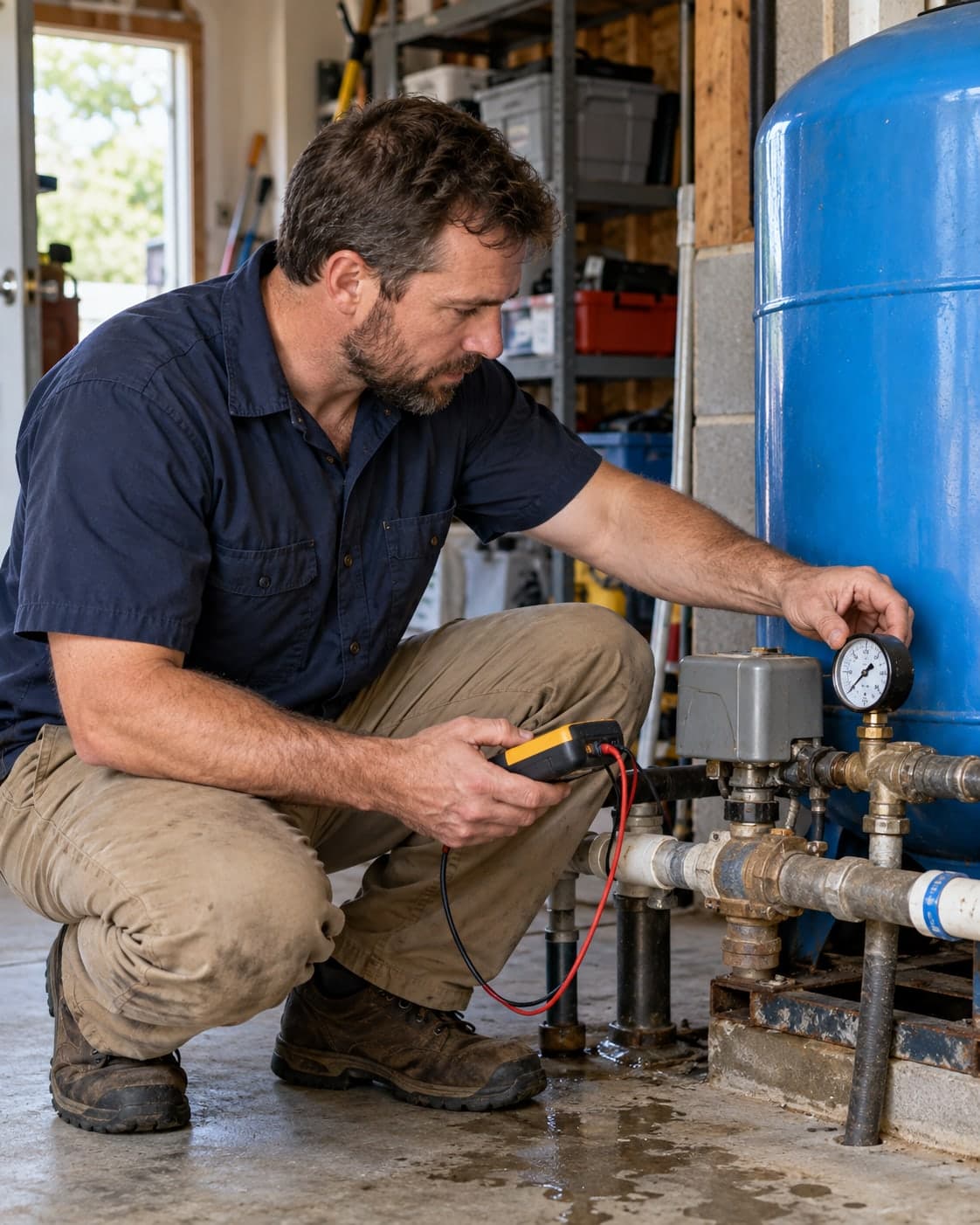 Technician diagnosing low pressure at a residential well tank and gauge