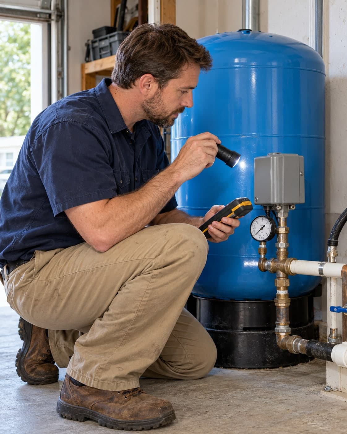 Technician inspecting the enclosed pressure switch and gauge on a residential well system
