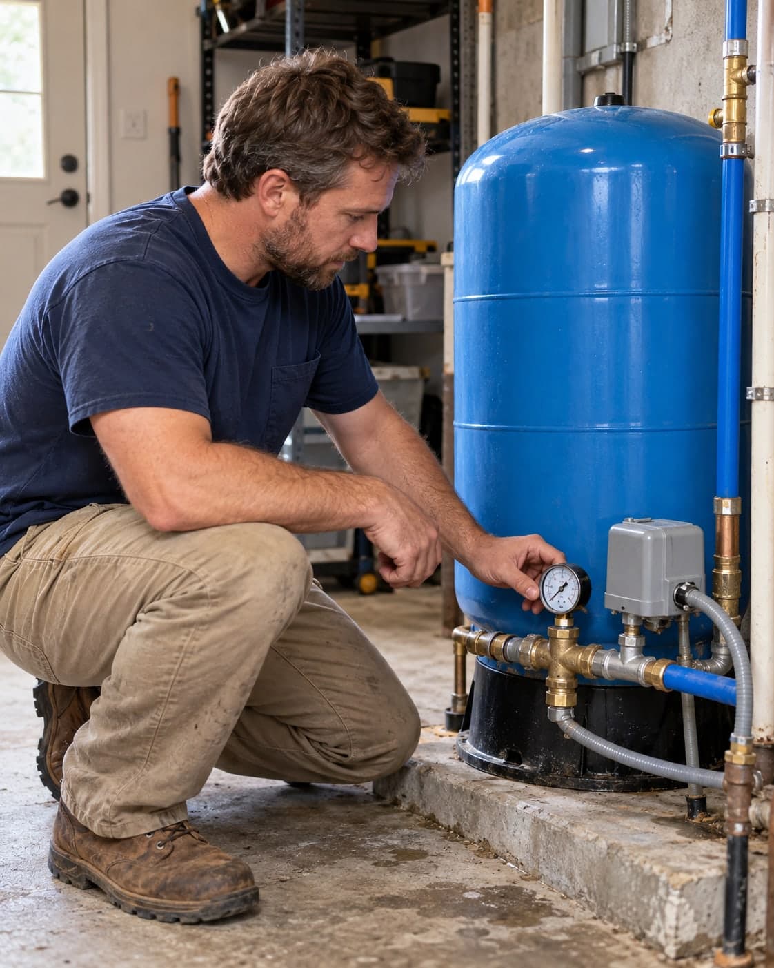 Technician checking a residential well pressure tank and gauge