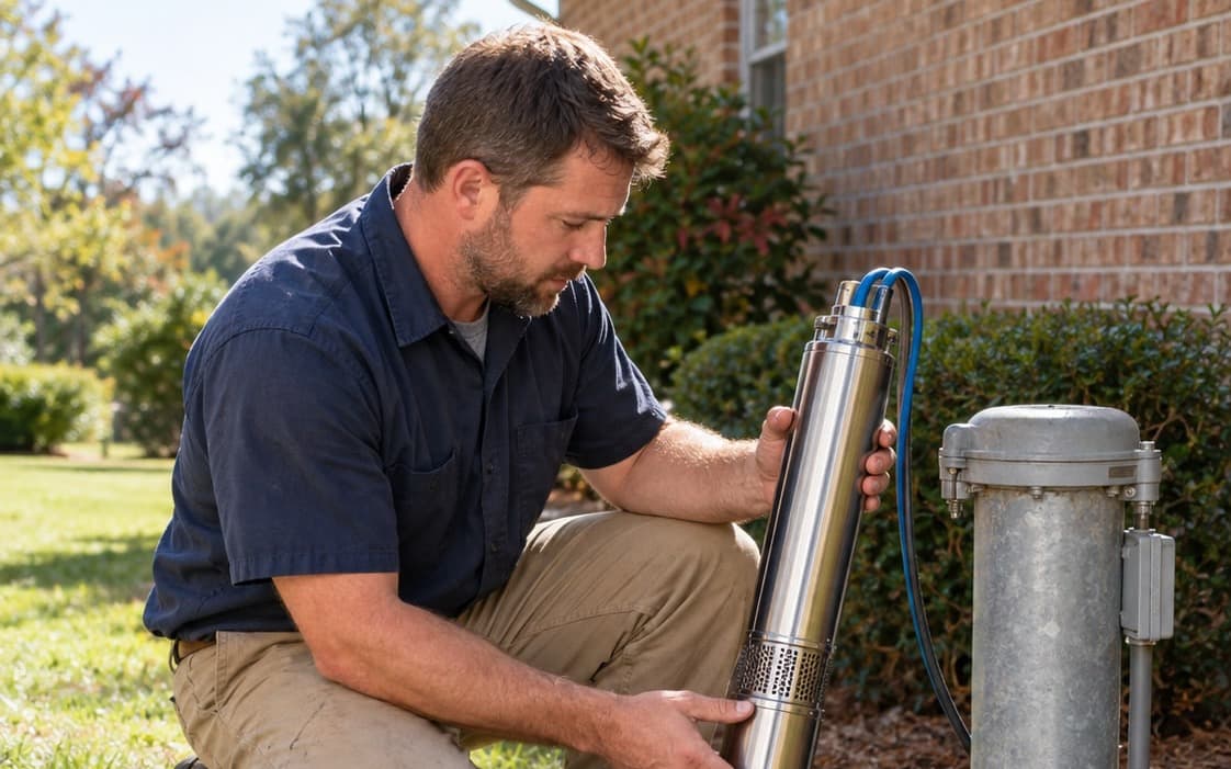 Technician comparing a residential submersible pump beside a wellhead