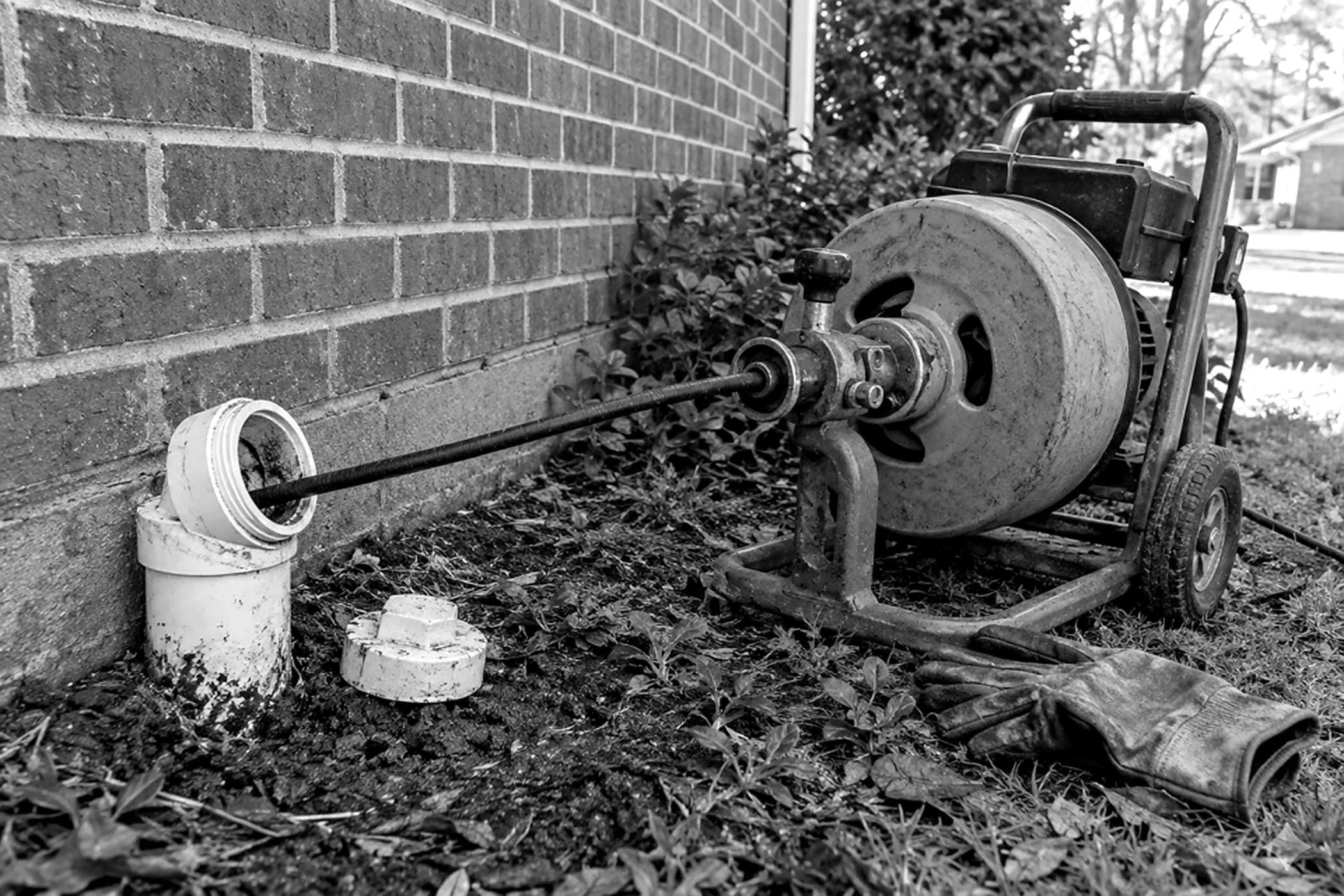 Drain cleaning machine with its cable fed into a drain cleanout beside a brick home