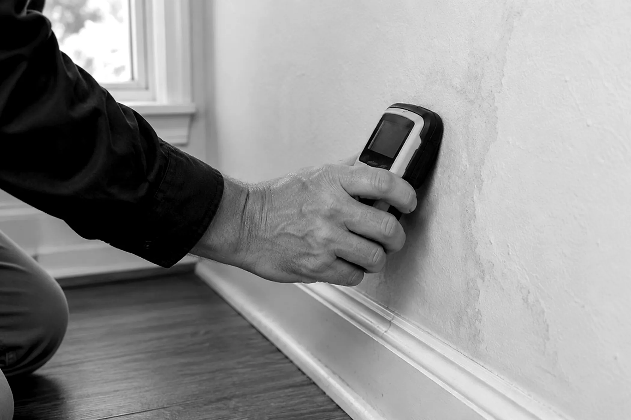Technician holding a moisture meter against a water-stained interior wall
