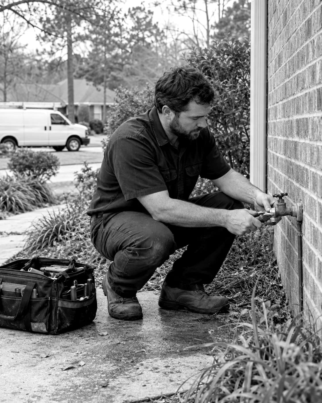 Technician kneeling at an outdoor water line on the side of a brick home