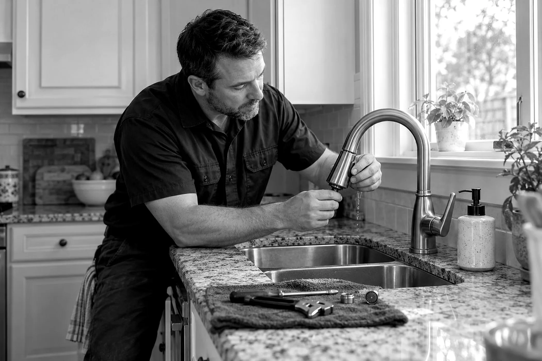Technician repairing a kitchen faucet at a granite countertop sink