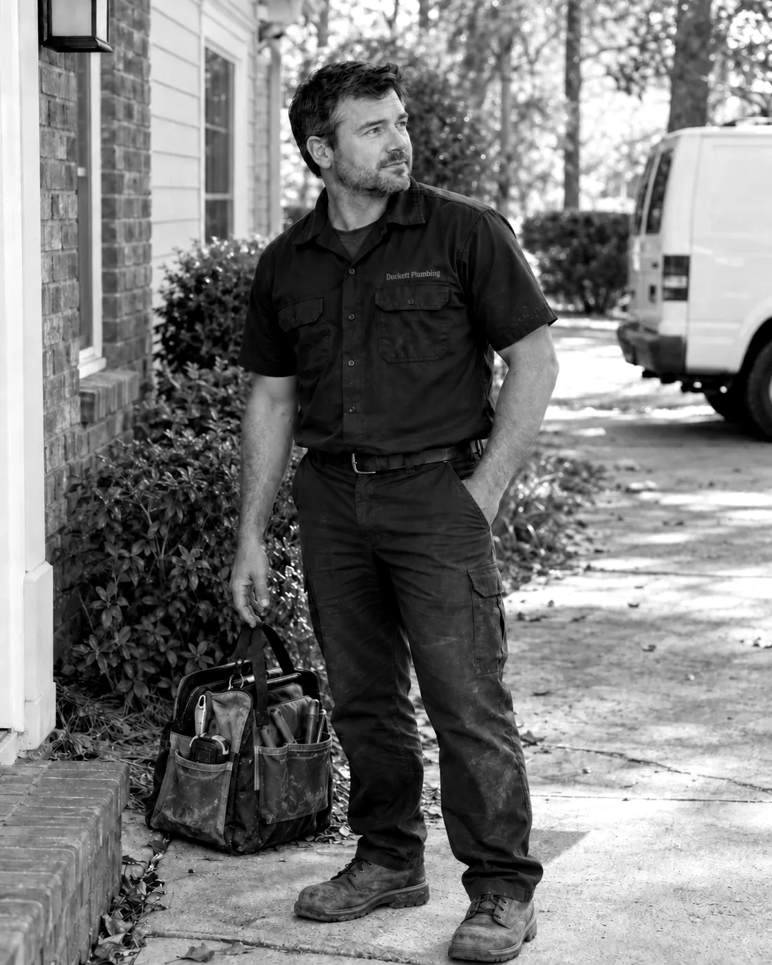 Plumbing technician with a tool bag arriving at the side of a brick home