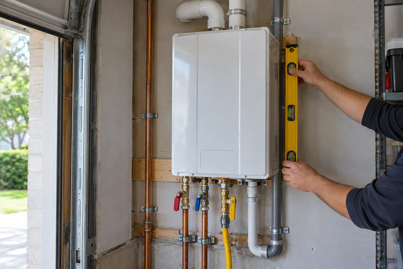 Residential tankless water heater with orderly valves, venting, and utility connections