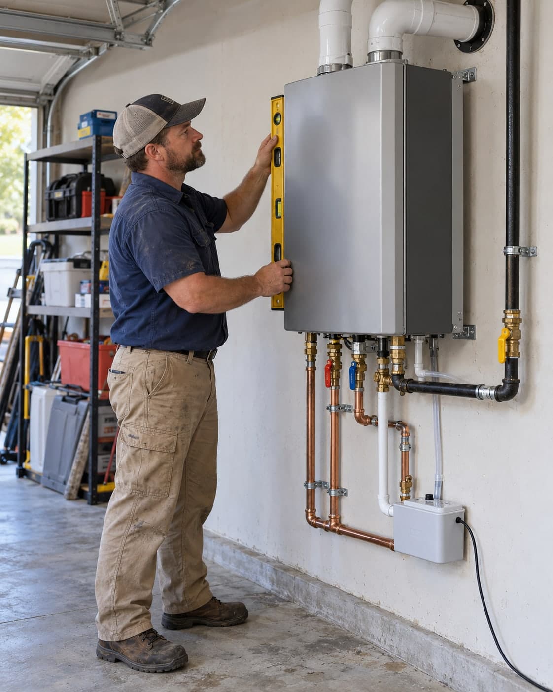 Technician installing a complete wall-mounted residential tankless water heater