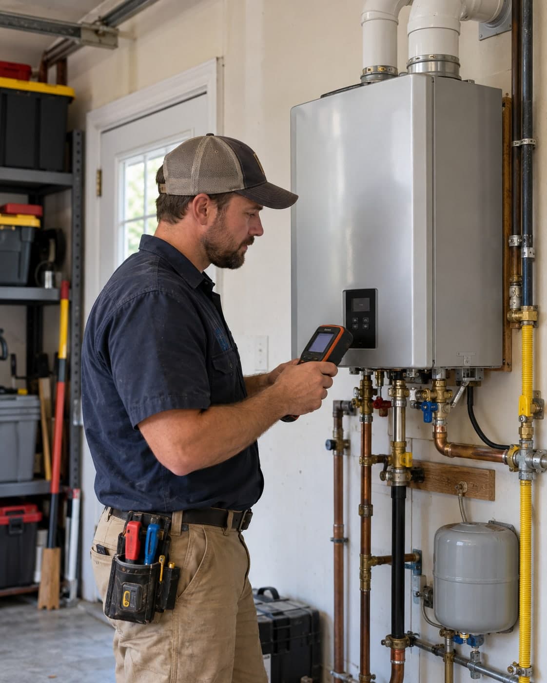 Technician diagnosing a residential tankless water heater without posing
