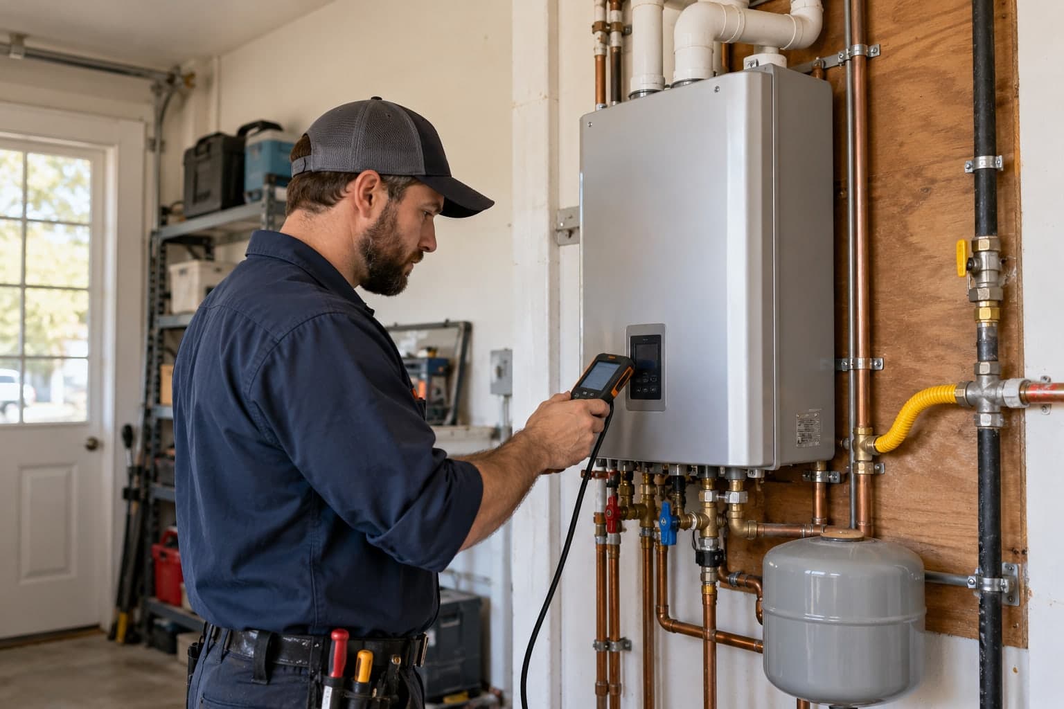 Technician diagnosing a residential tankless water heater