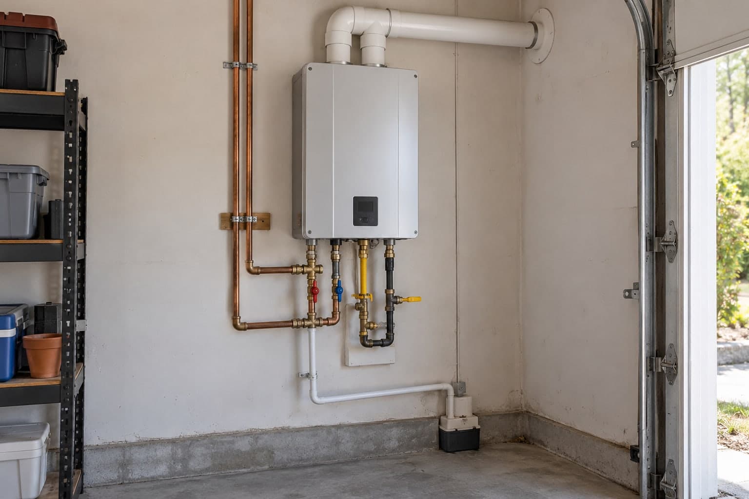 Complete wall-mounted residential tankless water heater and connections