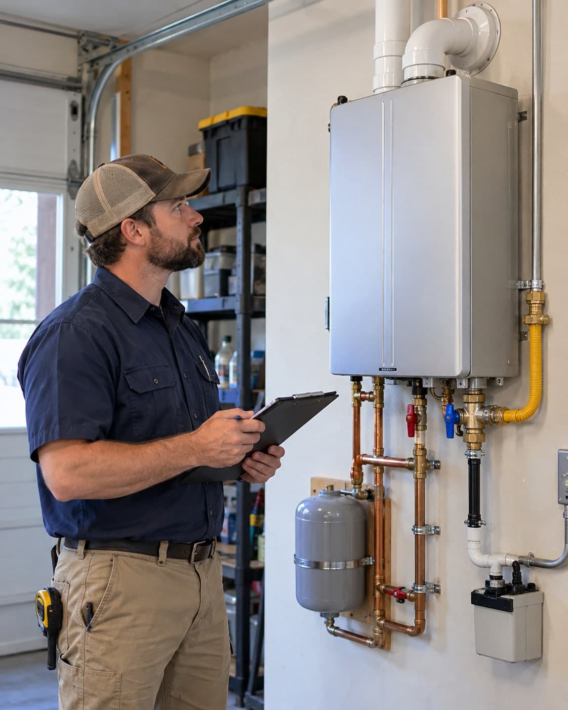 Technician reviewing a wall-mounted residential tankless water heater