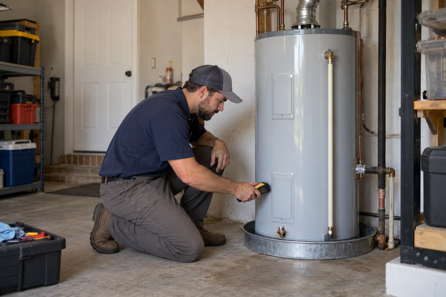 Technician assessing an existing residential water heater before replacement
