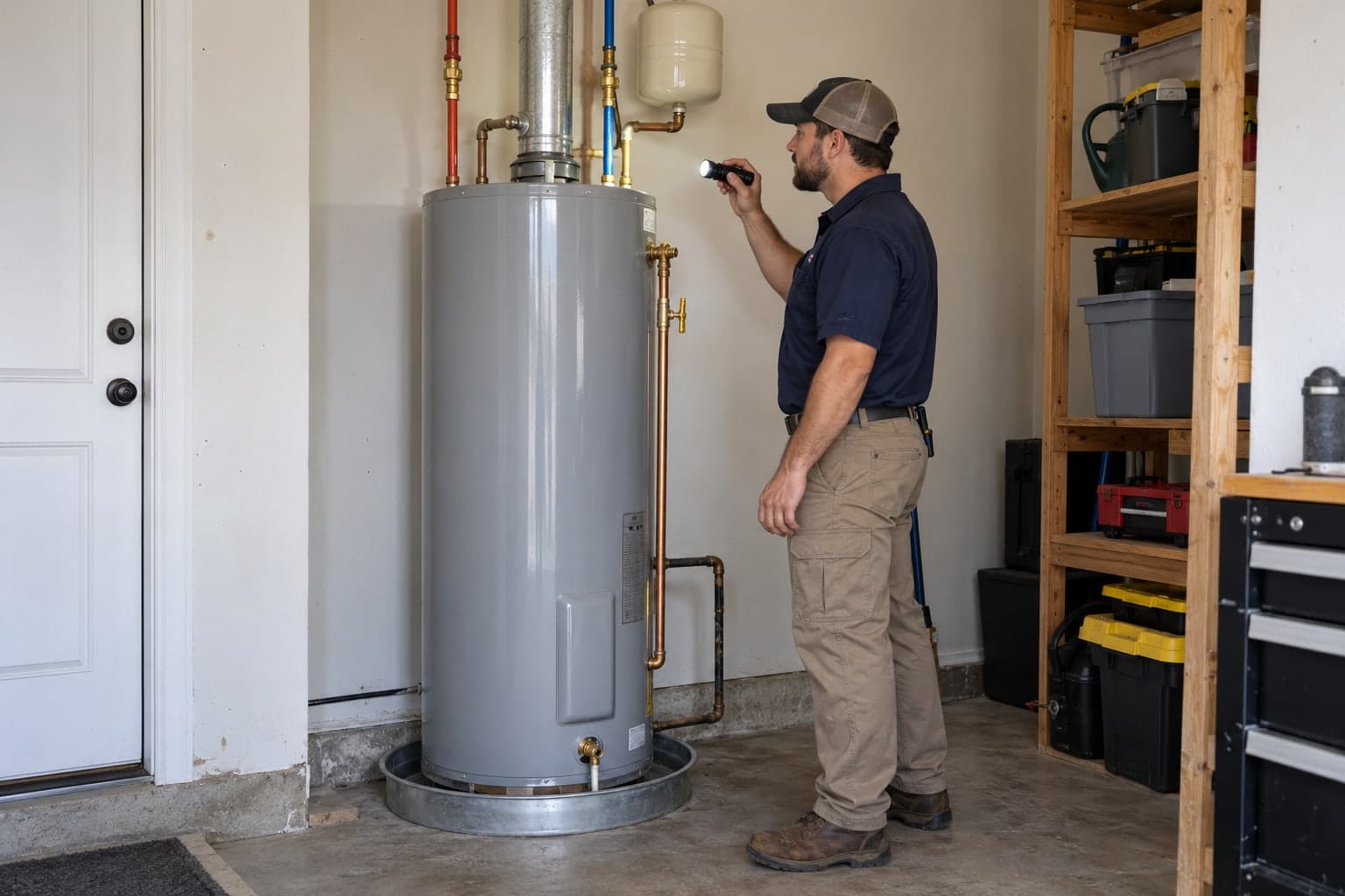 Technician planning a residential tank water heater installation