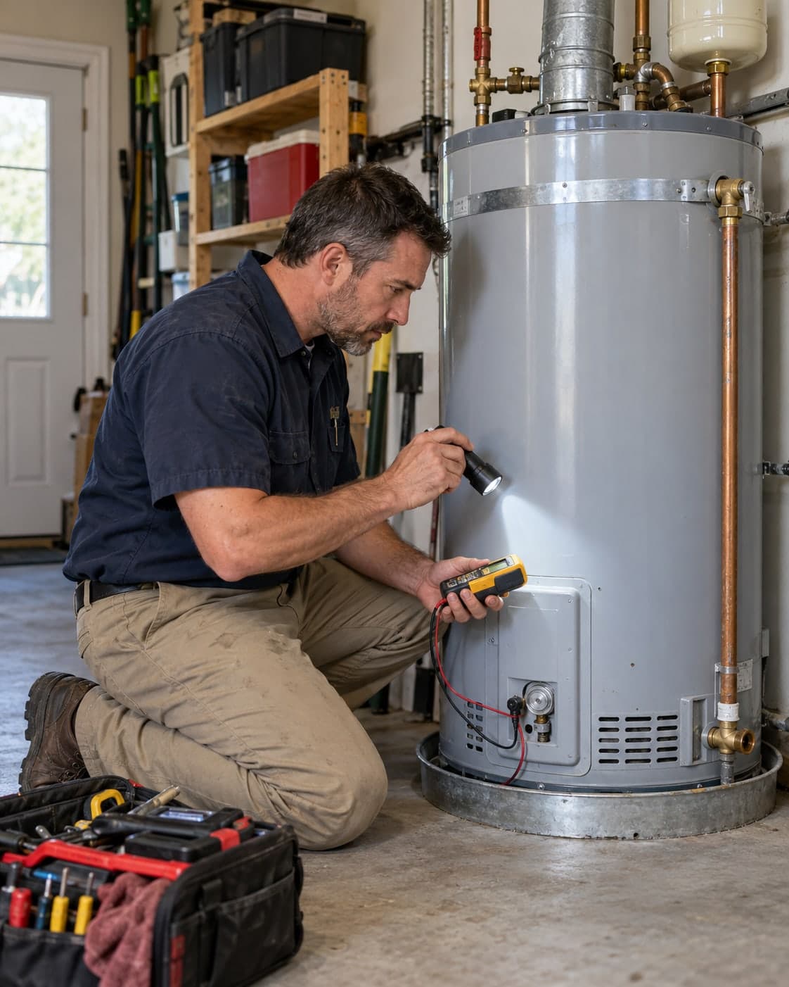 Technician inspecting a residential tank water heater in a utility room