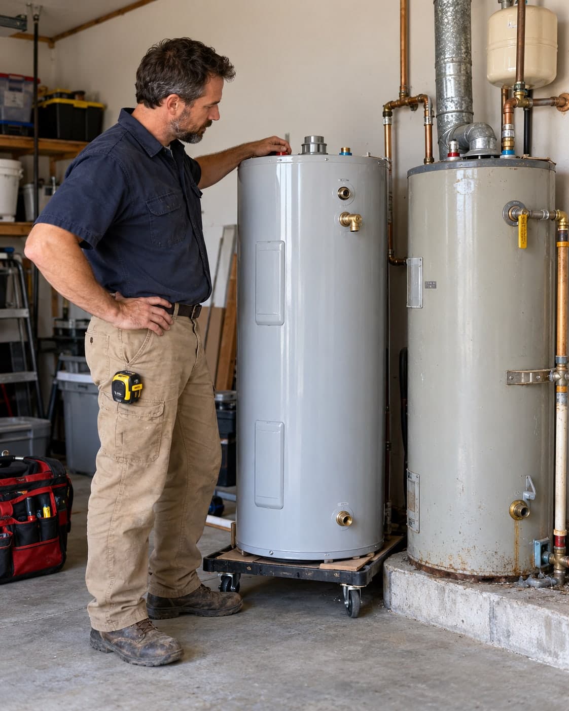 Technician preparing a full-size residential tank water heater for replacement