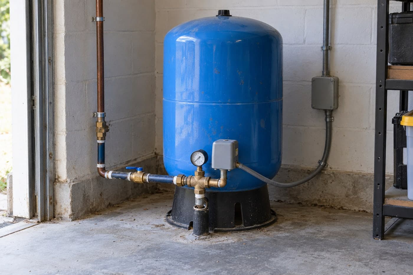 Residential pressure tank with enclosed switch and analog gauge