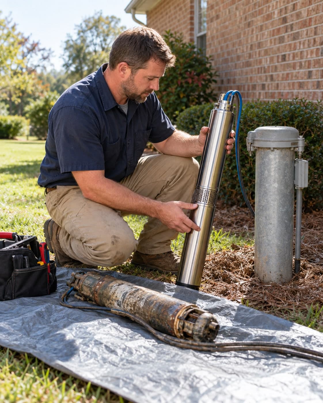Technician comparing residential submersible well pump equipment beside a wellhead