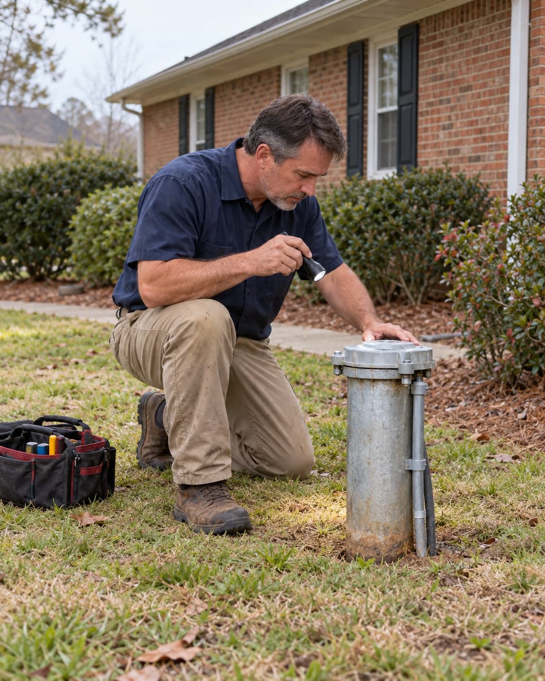 Technician inspecting a capped residential wellhead beside a home