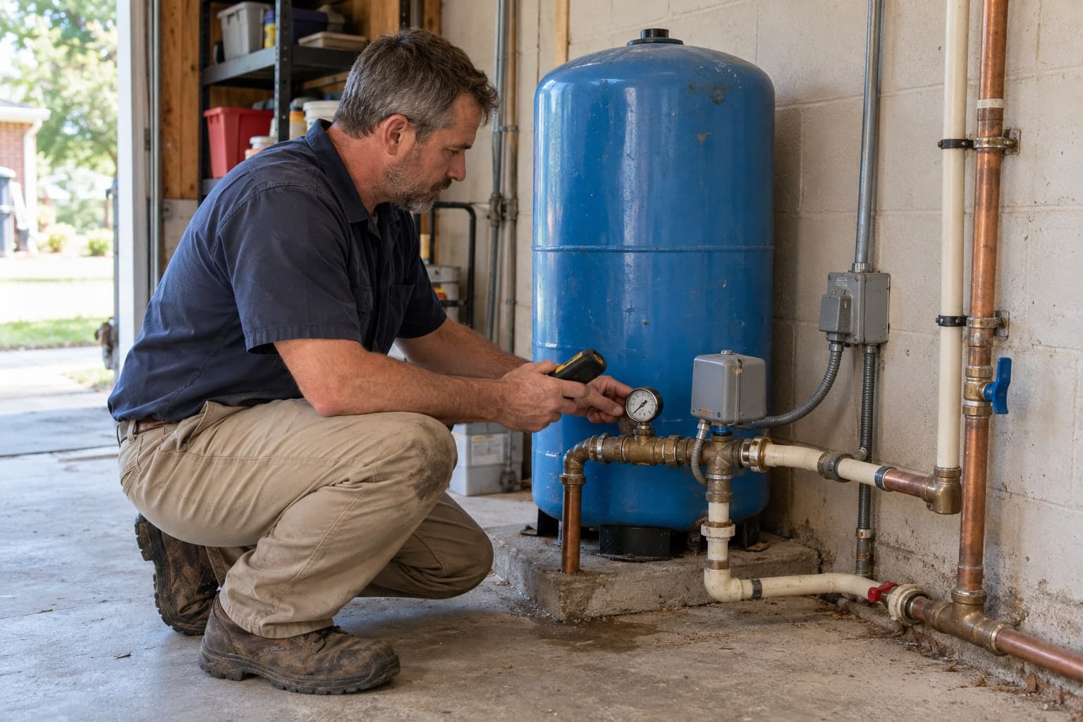 Technician checking the gauge and controls on a residential well pressure system